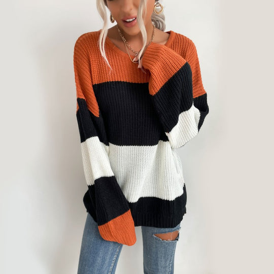 Damen Oversize Strickpullover mit schrägem Carmen-Ausschnitt und breiten Farbblöcken Shop Nory