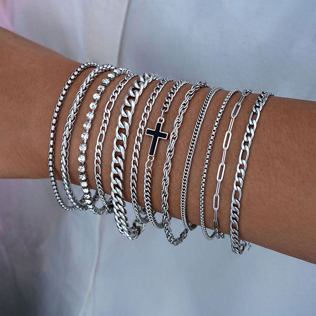 Damen Armreifen-Set mit funkelnden Kristallen und kraftvollen Kettenvariationen Shop Nory