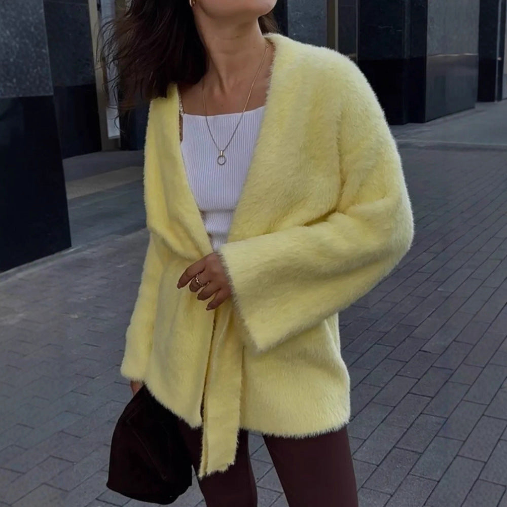 Damen Flauschige Strickjacke mit Gürtel Shop Nory