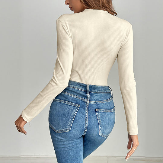Damen Geripptes Langarm-Top mit asymmetrischer Zierknopfleiste und taillierter Passform Shop Nory