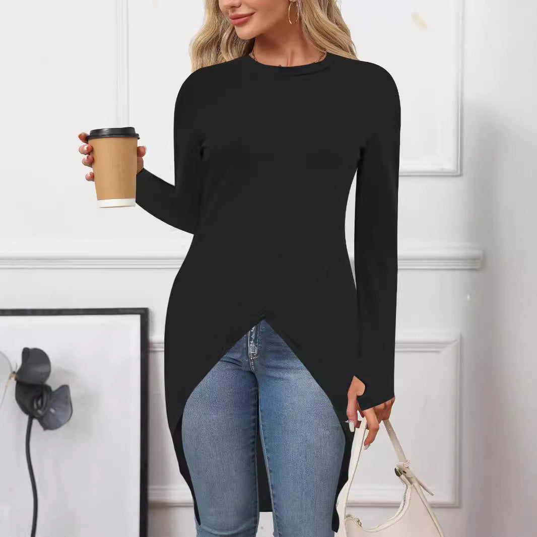 Damen Langes asymmetrisches Tunika-Top mit überlappender Vorderseite und Seitenschlitzen Shop Nory