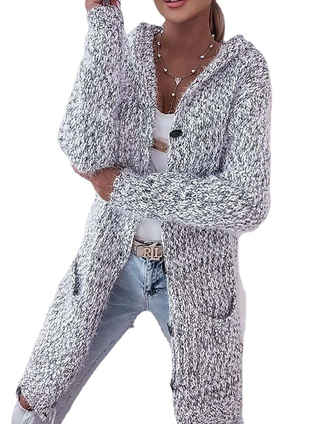 Damen Langer Mélange-Kuschelcardigan mit Kapuze, Hornknopf und Eingrifftaschen Shop Nory