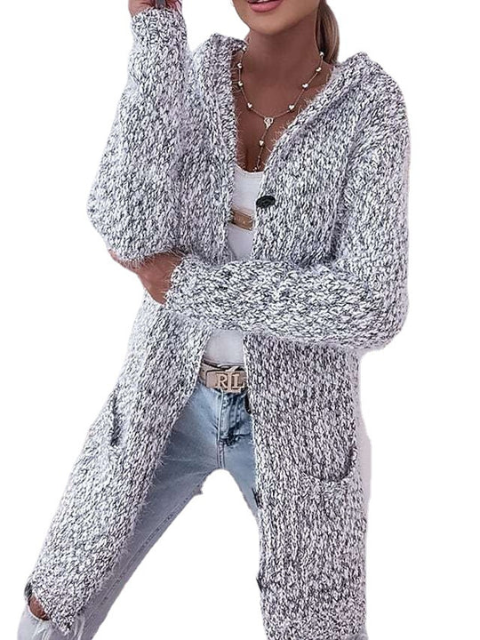 Damen Langer Mélange-Kuschelcardigan mit Kapuze, Hornknopf und Eingrifftaschen Shop Nory