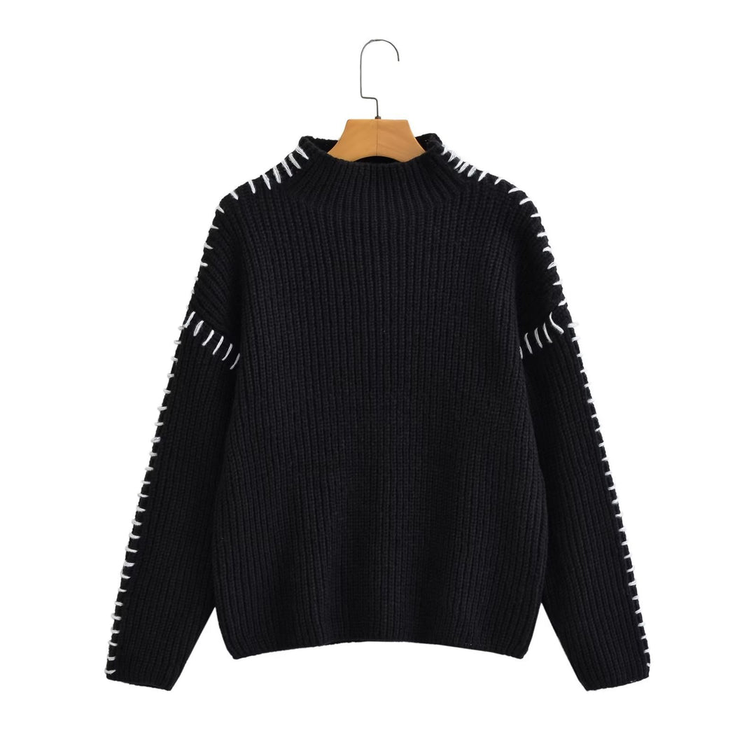 Damen Oversize-Strickpullover mit Stehkragen, Ballonärmeln und Ziernaht Shop Nory