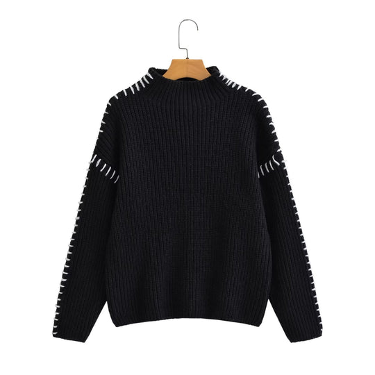 Damen Oversize-Strickpullover mit Stehkragen, Ballonärmeln und Ziernaht Shop Nory