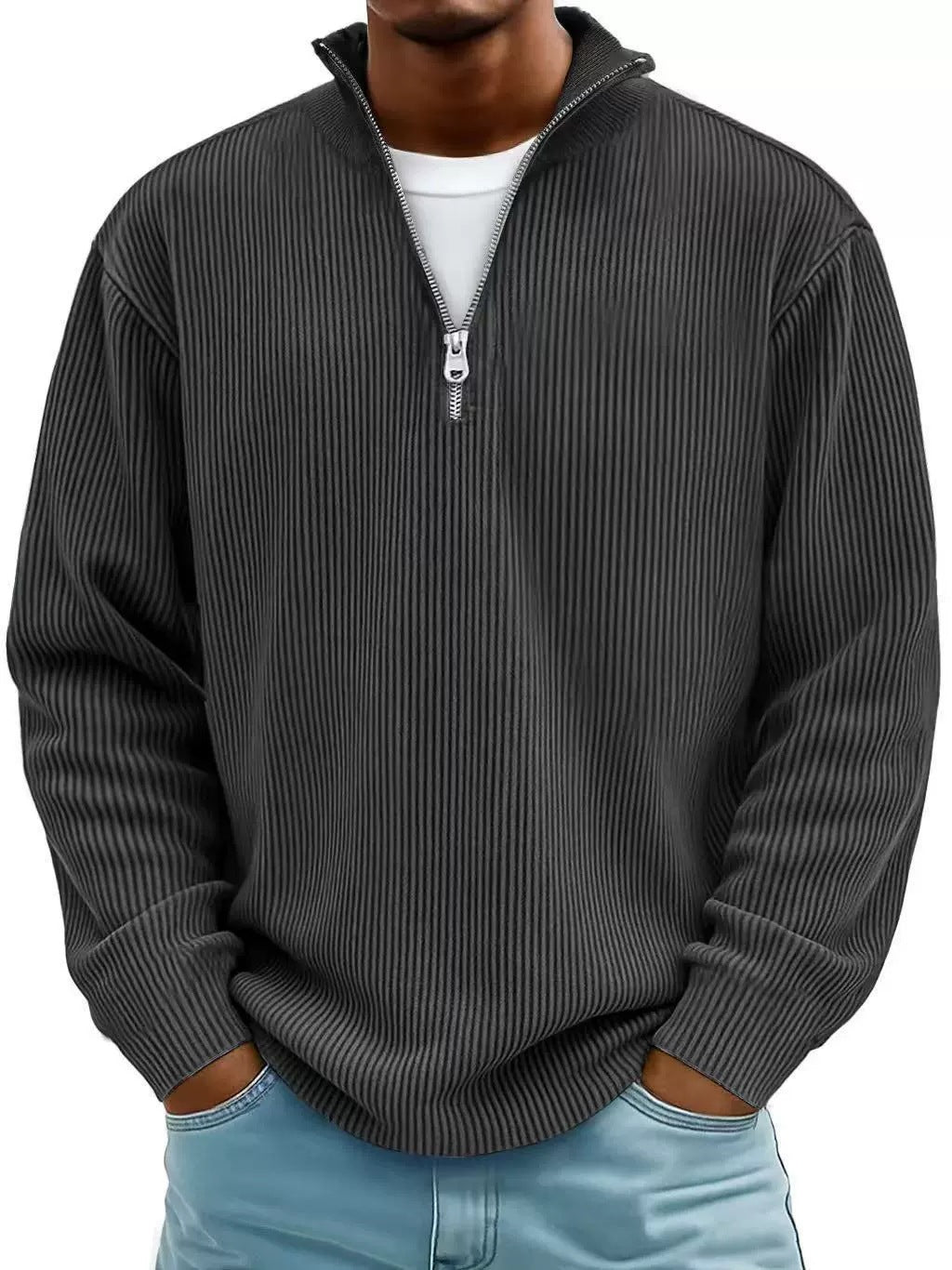 Herren Gerippter Halbzip-Strickpullover mit Stehkragen und lockerer Passform Shop Nory