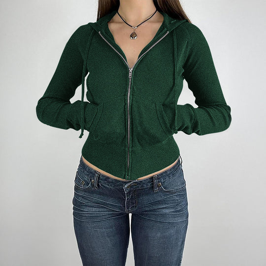 Damen nan schmal geschnittene Feinstrick-Hoodiejacke mit Metallzipper, Kängurutaschen und Daumenlochbündchen Shop Nory