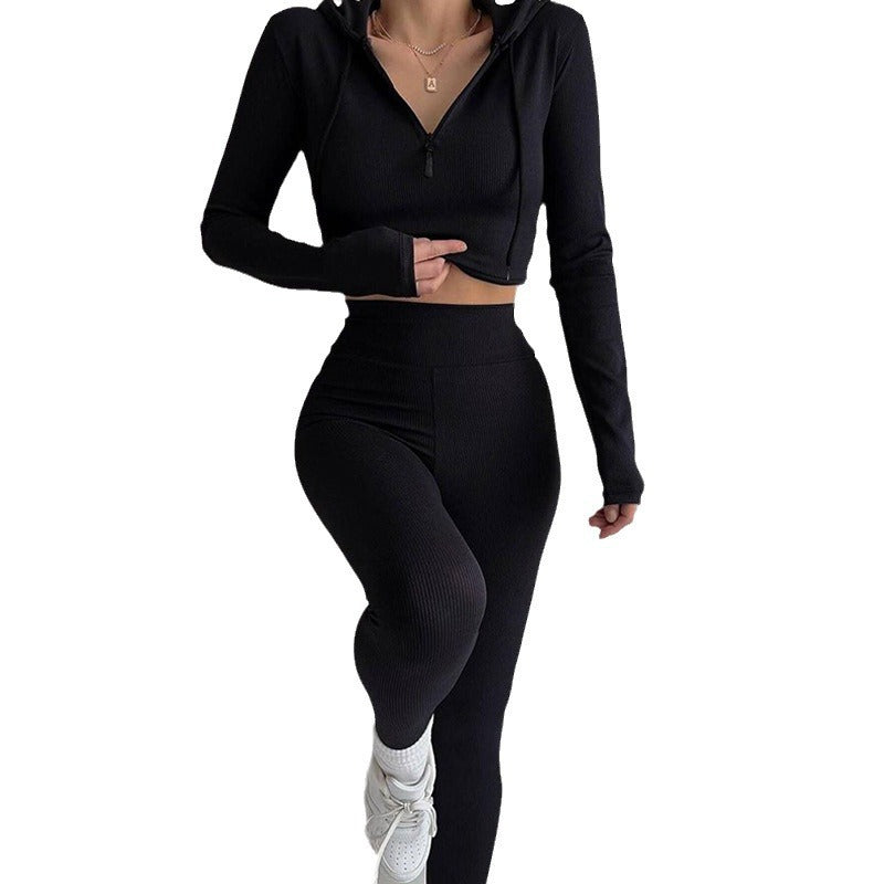 Damen geripptes Lounge-Set mit halbem Reißverschluss und hoher Taille Shop Nory