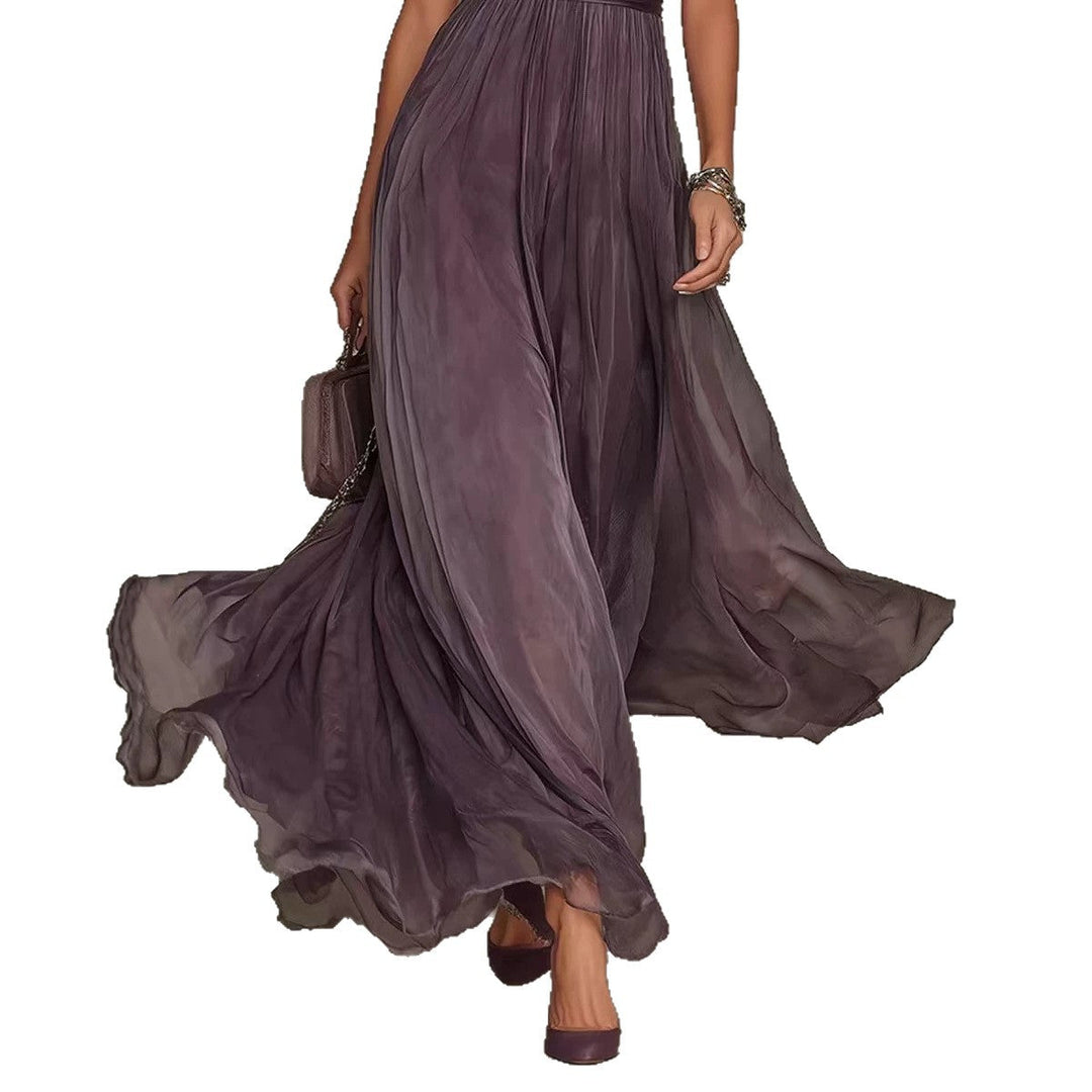 Damen nan langes Chiffon-Abendkleid mit Spitzen‑Stehkragen, Schlüsselöffnung und taillierter Schärpe