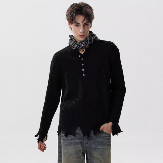 Herren Lässiger Grobstrickpullover mit Knopfleiste und rissigem Saum Shop Nory