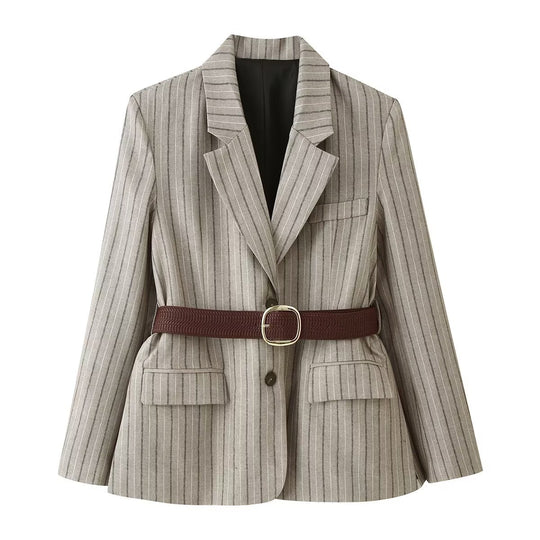 Damen Taillierter Nadelstreifen-Blazer mit Pattentaschen und Taillengürtel Shop Nory