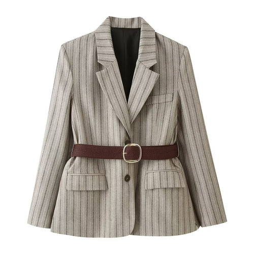 Damen Taillierter Nadelstreifen-Blazer mit Pattentaschen und Taillengürtel Shop Nory