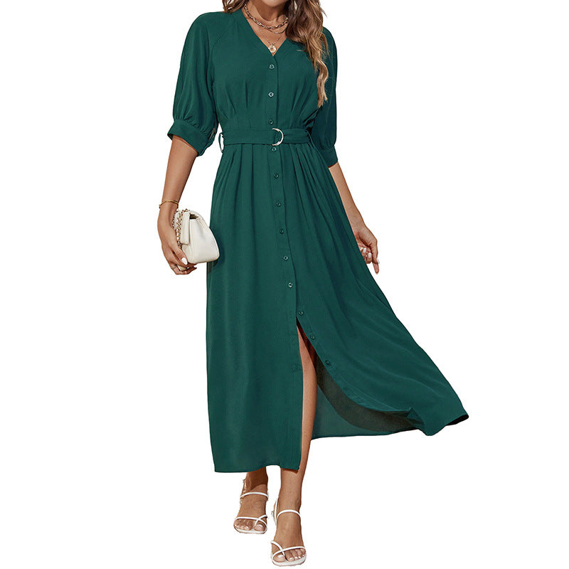 Damen Midikleid mit durchgehender Knopfleiste, V-Ausschnitt und D-Ring-Taillengürtel Shop Nory