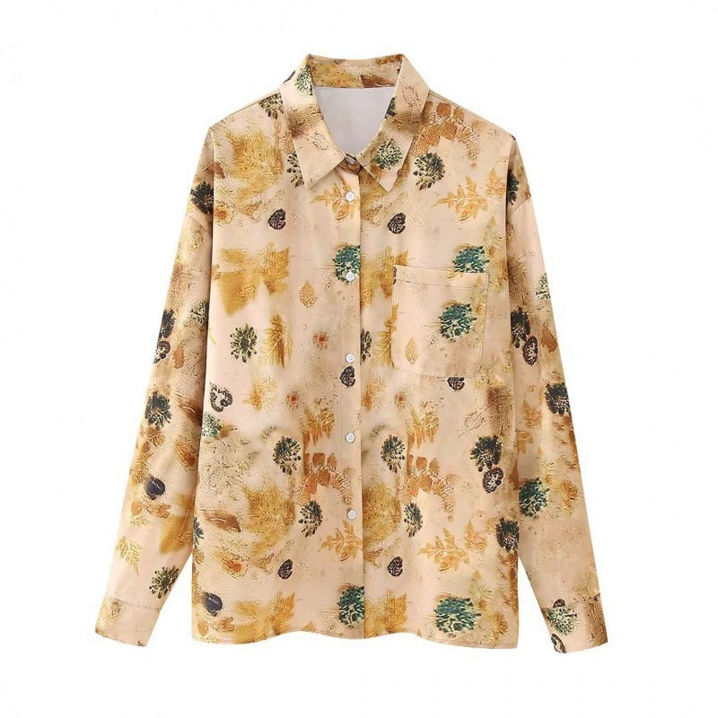 Damen Seidenähnliche Bluse mit floralem Aquarellprint, Hemdkragen und aufgesetzter Brusttasche Shop Nory