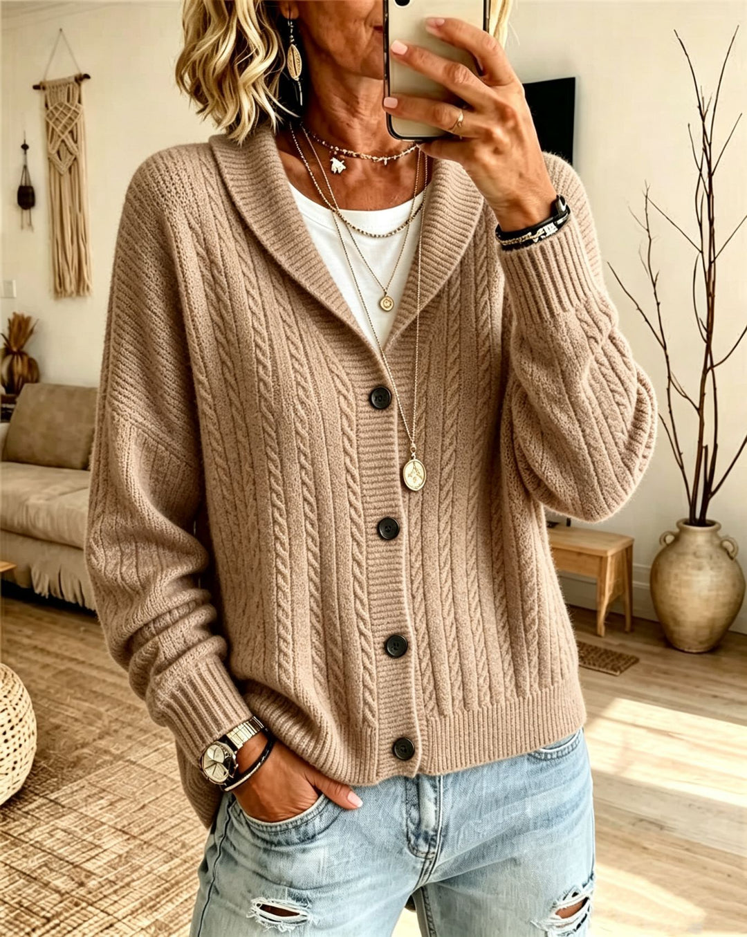 Damen Langer Schalkragen-Cardigan aus Zopfmuster mit gerippten Bündchen Shop Nory