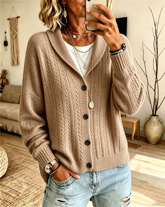 Damen Langer Schalkragen-Cardigan aus Zopfmuster mit gerippten Bündchen Shop Nory