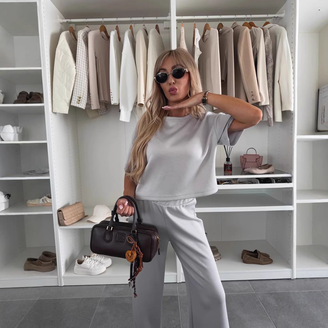 Damen Loungewear-Zweiteiler mit Cropped-Boxy-Shirt und fließender High-Waist Palazzo-Hose Shop Nory