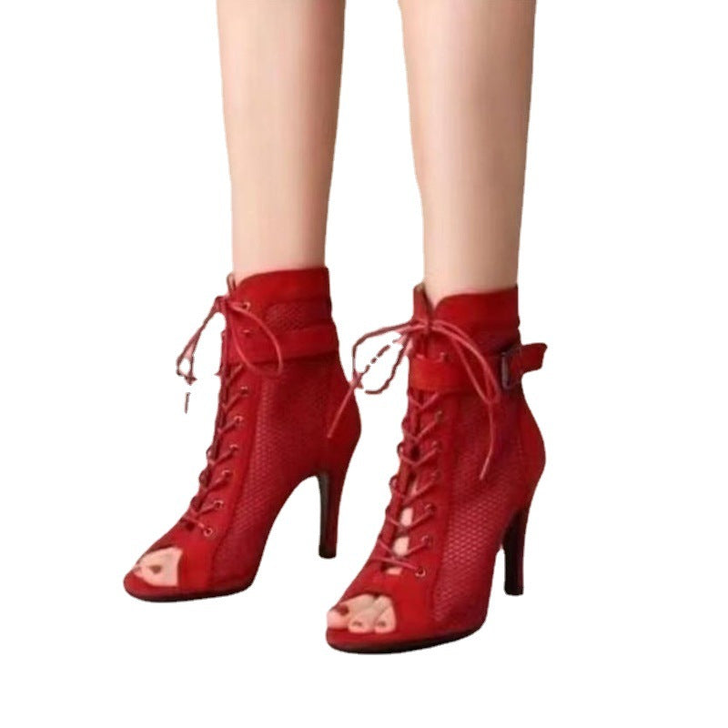Damen Netz-Stiefeletten mit eleganter Schnürung und hohem Absatz