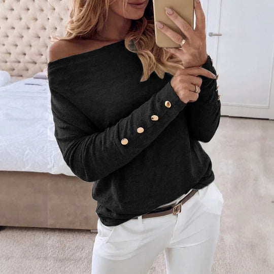 Damen Offshoulder Feinstrickpullover mit Zierknopfleiste an den Ärmeln Shop Nory