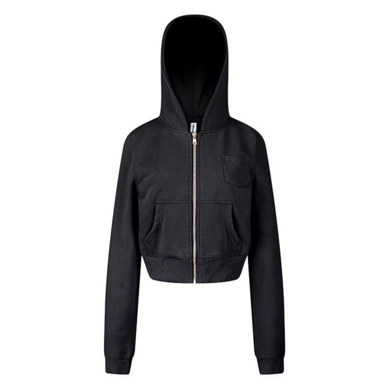 Damen Kurz geschnittene Kapuzen-Sweatjacke mit durchgehendem Reißverschluss im Boxy-Schnitt und Brusttasche Shop Nory