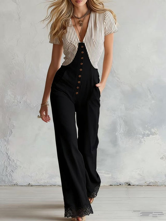 Damen Taillierter Jumpsuit mit V-Ausschnitt, Knopfleiste und Spitzenbesatz Shop Nory