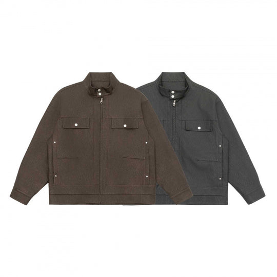 Unisex Boxy-Hemdjacke im Worker‑Stil mit Stehkragen, Frontreißverschluss und Pattentaschen Shop Nory