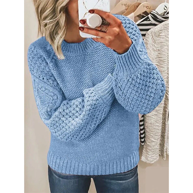 Damen Grobgestrickter Pullover mit Zopfmuster und Ballonärmeln Shop Nory