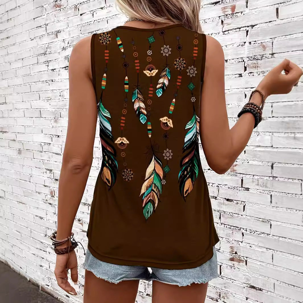 Damen ärmelloses Oberteil mit buntem Feder- und Blumenmuster