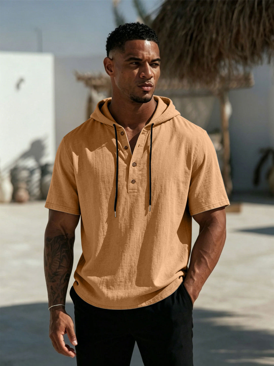 Herren Kurzarm-Hoodie-Henley aus Leinenoptik mit Knopfleiste Shop Nory