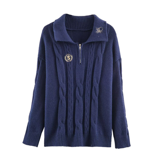 Damen Oversize Zopfstrick-Pullover mit halbem Reißverschluss und Schalkragen Shop Nory
