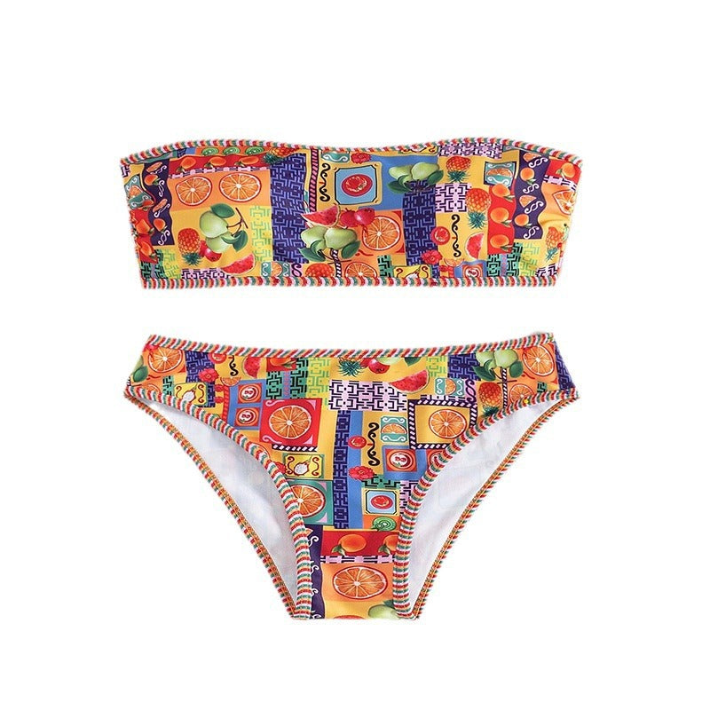 Damen Bandeau-Bikini mit fröhlichem Fruchtmuster