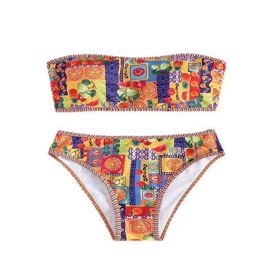 Damen Bandeau-Bikini mit fröhlichem Fruchtmuster