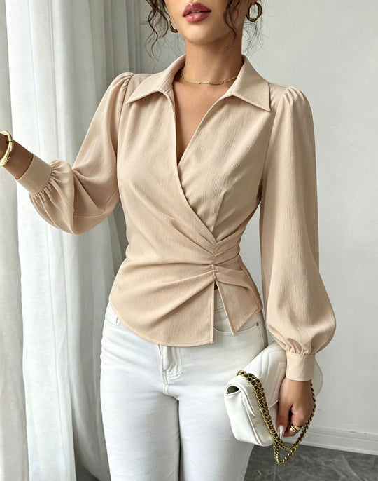 Damen Wickelbluse mit Taillenraffung, Hemdkragen und Ballonärmeln Shop Nory