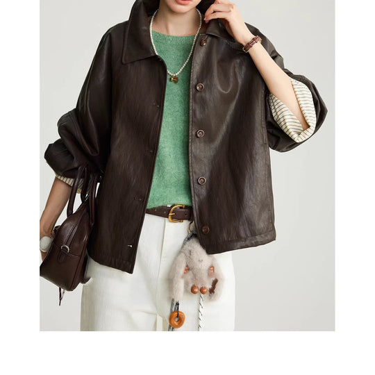 Damen Moderne Lederjacke mit gestreiften Manschetten Shop Nory