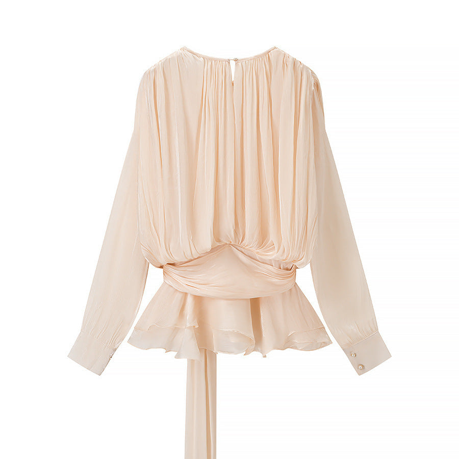 Damen Chiffon-Bluse mit drapierter Korsagen-Optik, Volant‑Peplum und Bindegürtel Shop Nory