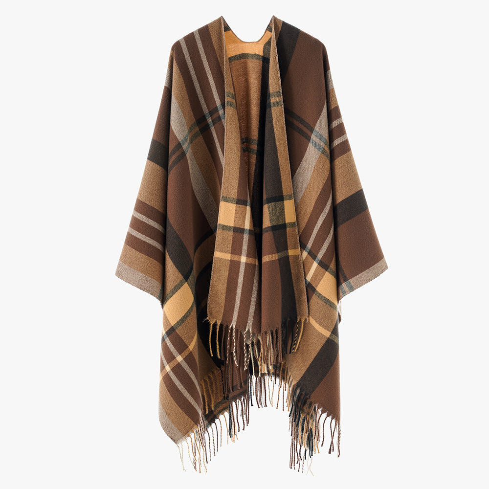 Damen Oversize Karierter Fransen-Poncho aus weichem Strick Shop Nory