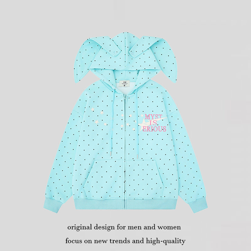 Damen Kapuzenjacke mit Hasenohren, Allover-Pünktchen und durchgehendem Reißverschluss Shop Nory