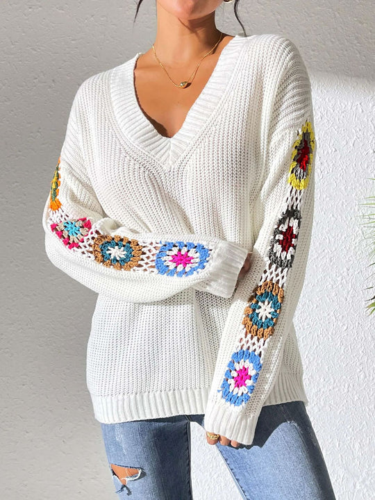 Damen Modischer Strickpullover mit V-Ausschnitt und bunten Stickereien