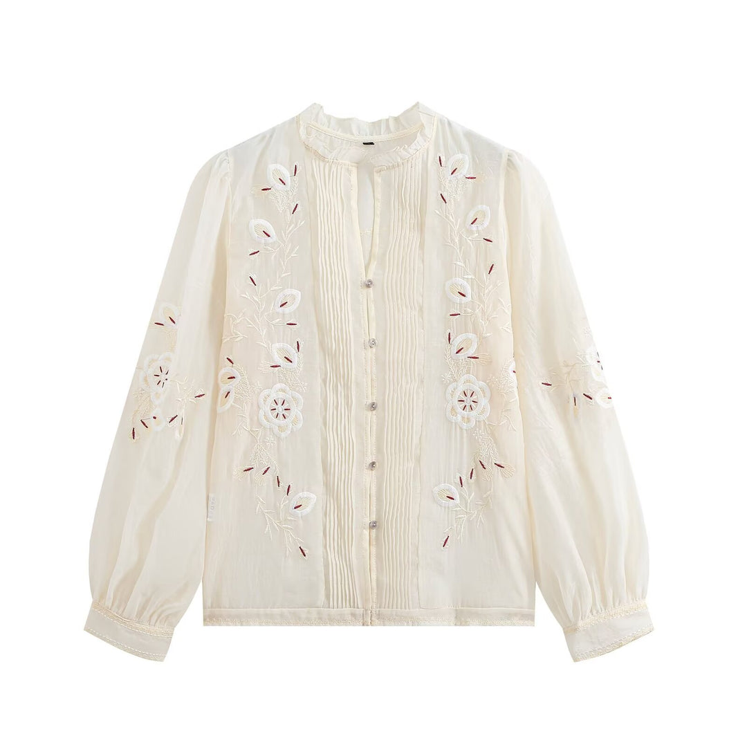 Damen Bestickte Chiffon-Bluse mit Plisseefront und Ballonärmeln Shop Nory