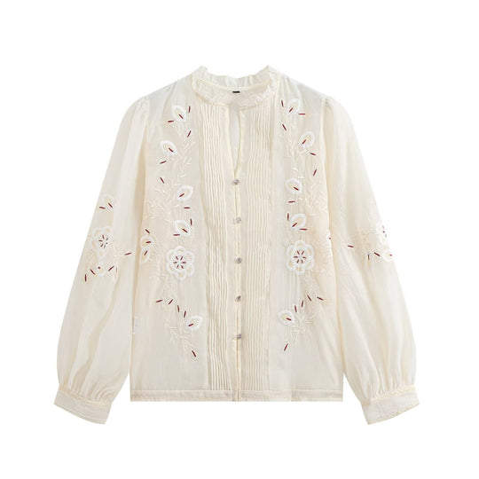 Damen Bestickte Chiffon-Bluse mit Plisseefront und Ballonärmeln Shop Nory
