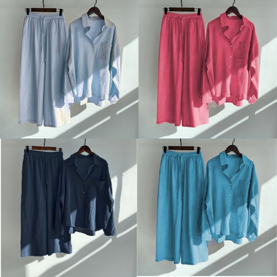 Damen Lockeres Zweiteiliges Viskose-Loungewear-Set mit Hemdbluse und weiter Palazzohose Shop Nory