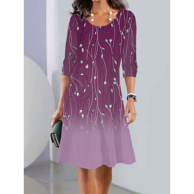 Damen A-Linien Kleid mit floralem Druck, U-Ausschnitt, Dreiviertelärmel und sanftem Ombre Shop Nory