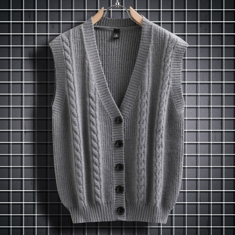 Herren ärmellose Strickjacke mit Zopfmuster und Knopfdetails