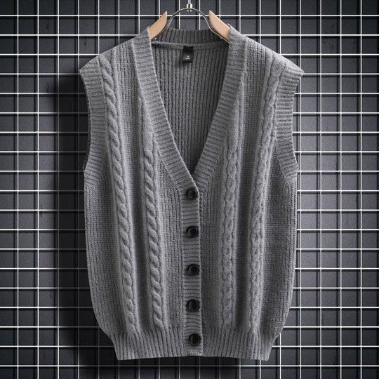 Herren ärmellose Strickjacke mit Zopfmuster und Knopfdetails