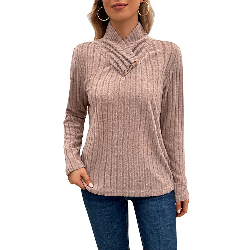 Damen Gerippter Feinstrickpullover mit überlappendem Stehkragen Shop Nory