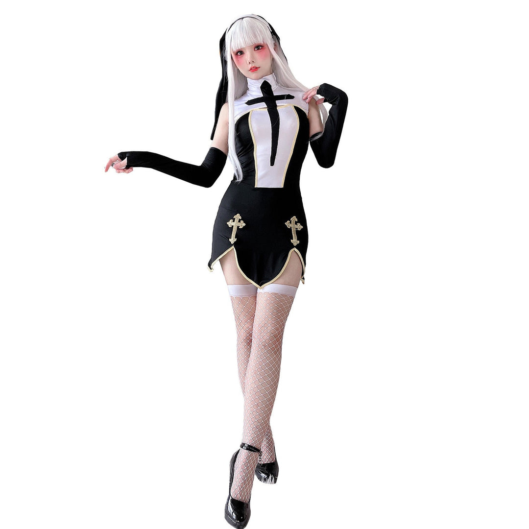 Damen Gothic Minikleid mit Spitzenärmeln und Kreuzdetails Shop Nory