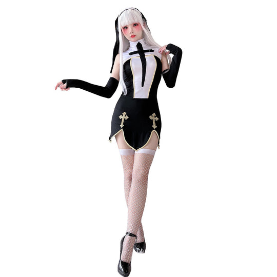 Damen Gothic Minikleid mit Spitzenärmeln und Kreuzdetails Shop Nory