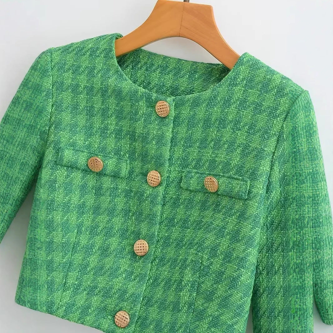 Damen Kurzblazer aus Bouclé-Tweed mit kastiger Cropped‑Silhouette und kragenlosem Design Shop Nory
