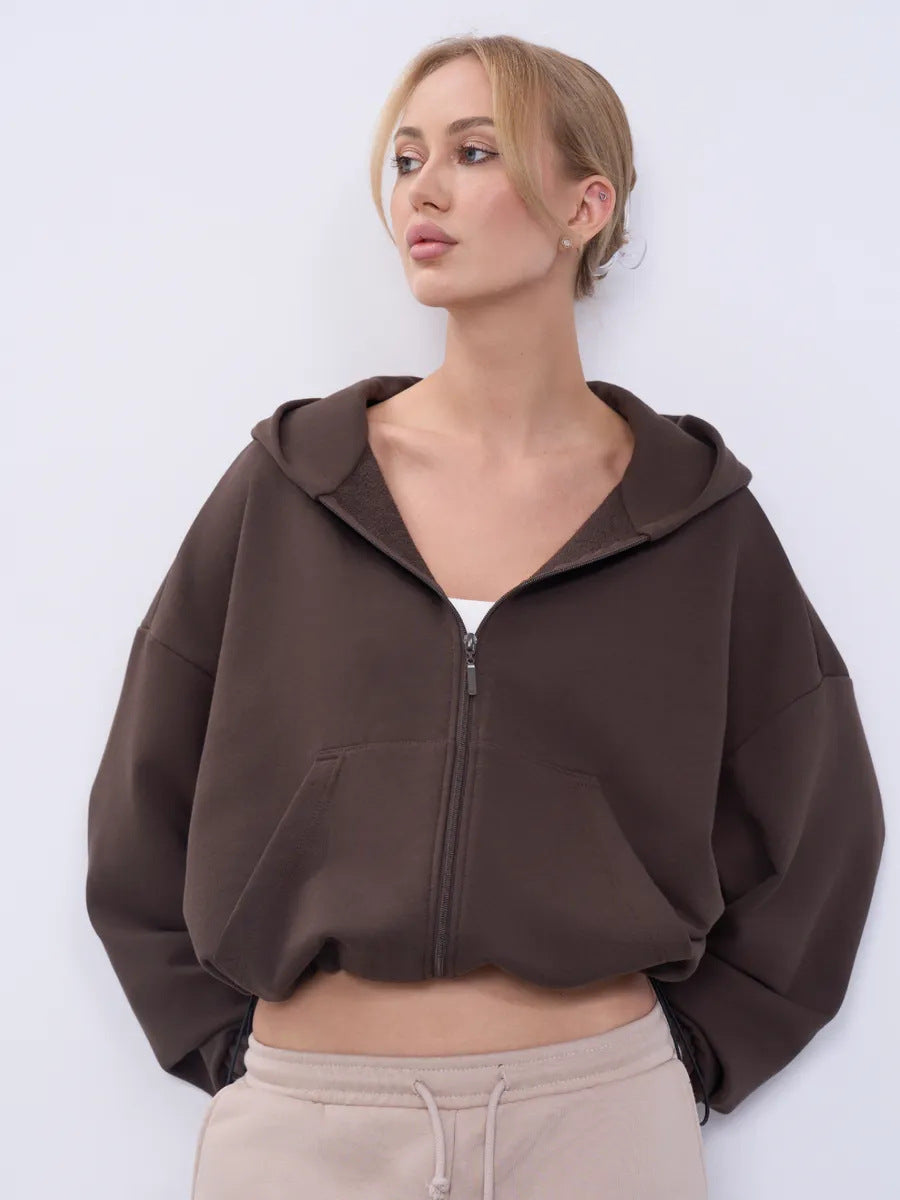 Damen legeres Cropped-Fleece-Hoodie mit Tunnelzugbund, Raglanärmeln und Reißverschluss Shop Nory