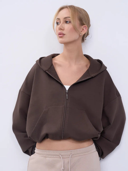 Damen legeres Cropped-Fleece-Hoodie mit Tunnelzugbund, Raglanärmeln und Reißverschluss Shop Nory